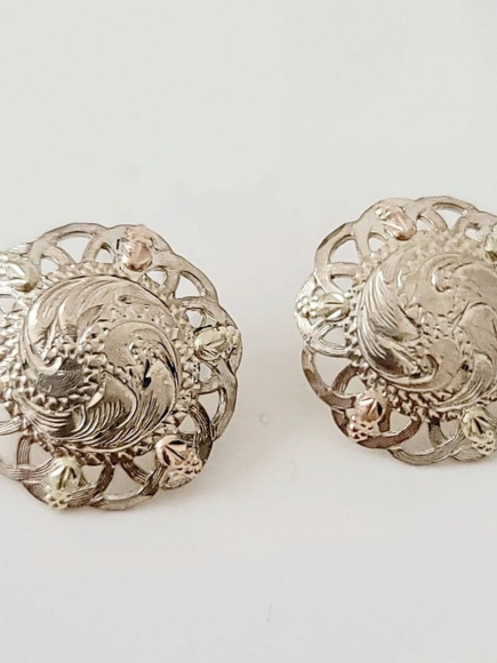 925 Flowers Engraved Filigree Earrings Green Pink Floral Vintage